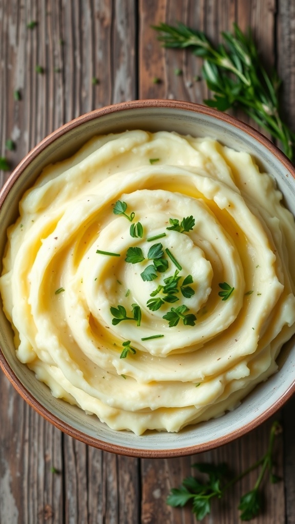 Creamy Whole30 mashed potatoes in a bowl, garnished with fresh herbs on a rustic table.